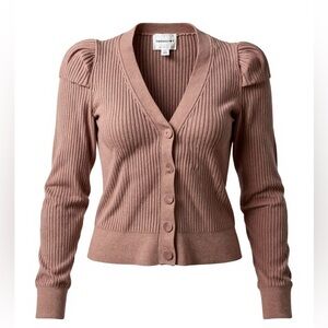 INDUSTRY Brown Cardigan Sweater Knit Ribbed V-Neck Puff Sleeve Size Medium